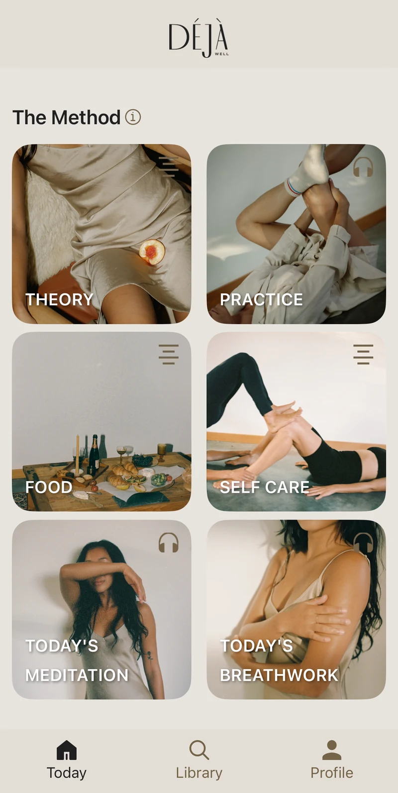 The method screen of the Déjà Well app: theory, practice, food, self care, meditation, breathwork. six cards, chosen for the day you are on