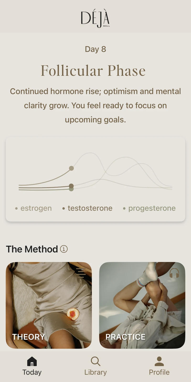 Your phase screen of the Déjà Well app: day 8, follicular. the hormone graph, and one paragraph on what it means for the next few hours